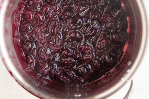 Finished cherry pie filling in a saucepan