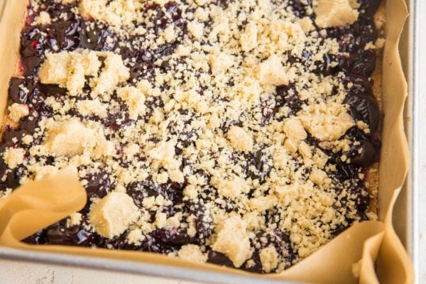 Cherry Pie bars ready to go into the oven