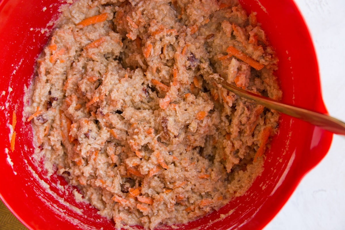 Muffin batter mixed up in a mixing bowl