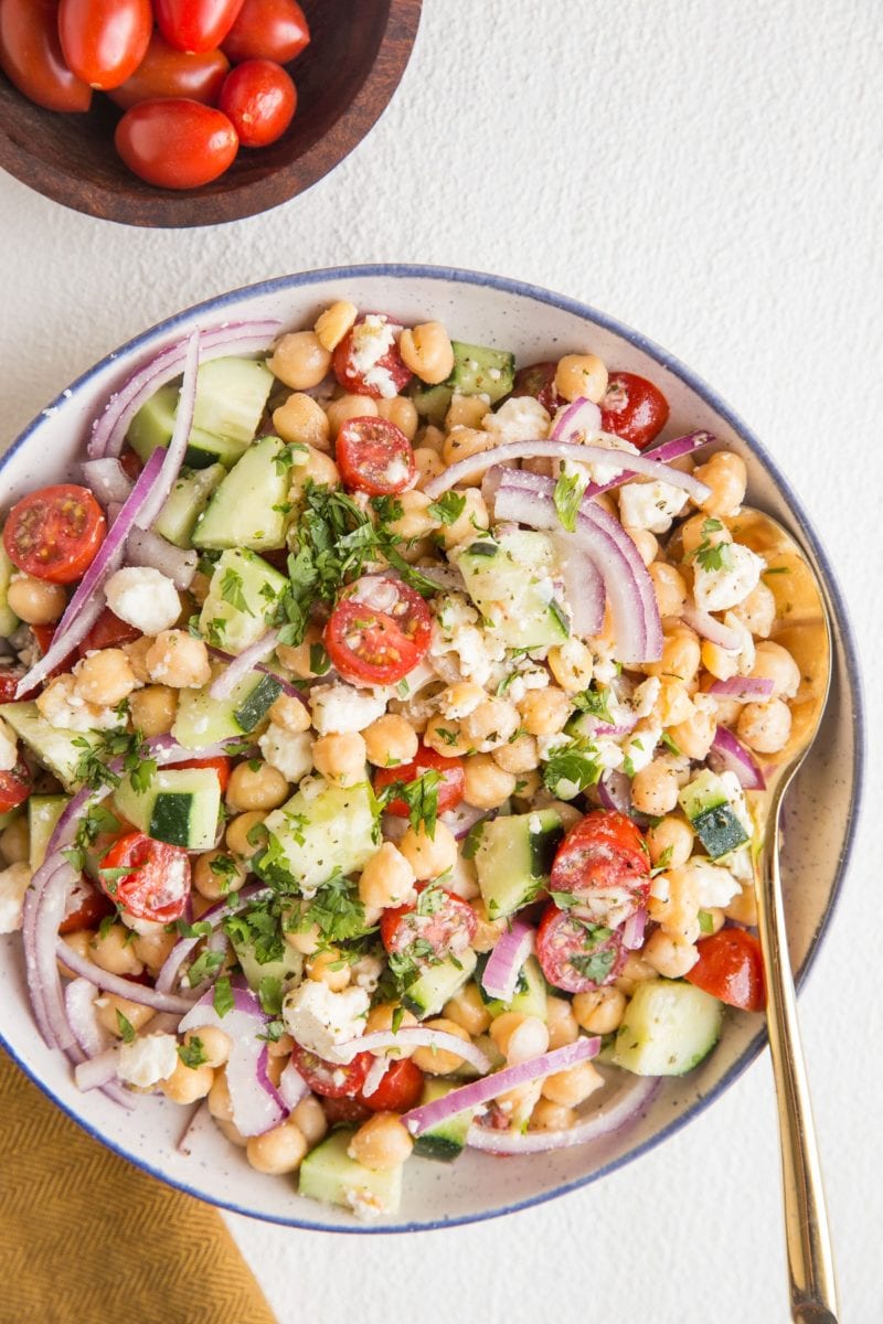 top down bowl of chickpea salad