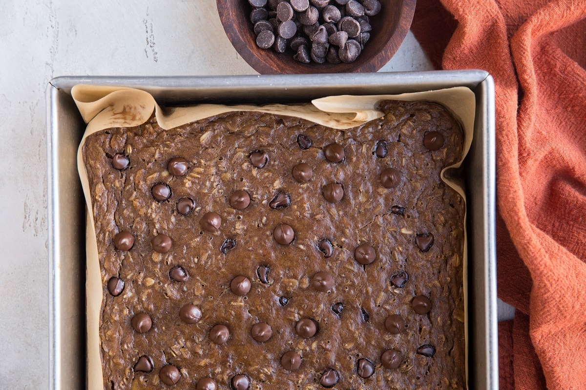 horizontal photo of banana peanut butter baked oatmeal