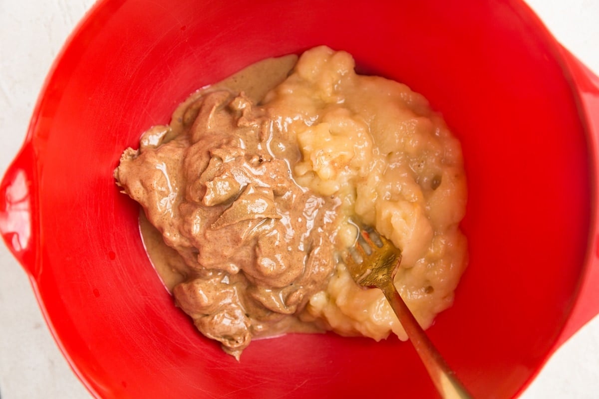 peanut butter and banana in a large mixing bowl