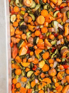 Large roasting pan of roasted vegetables