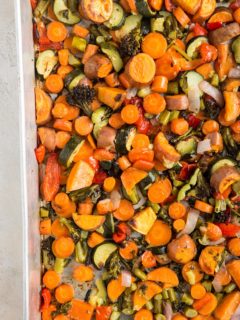 Large roasting pan of roasted vegetables