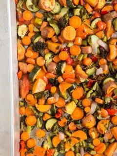 Large roasting pan of roasted vegetables
