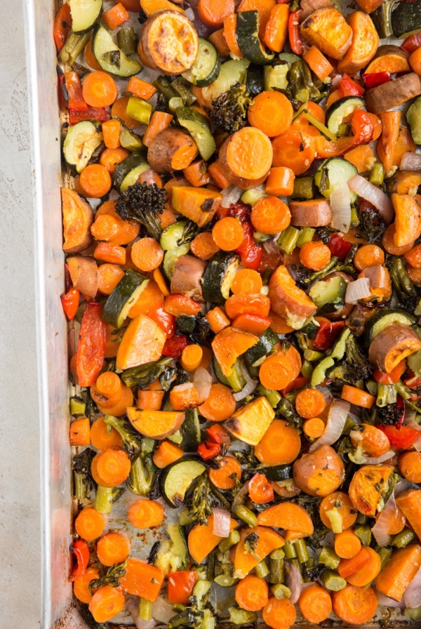 Large roasting pan of roasted vegetables