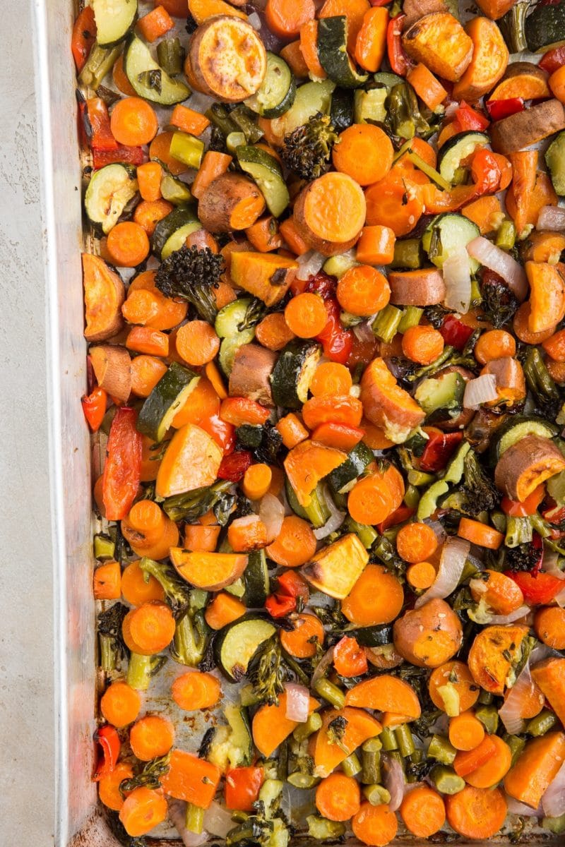 Large roasting pan of roasted vegetables