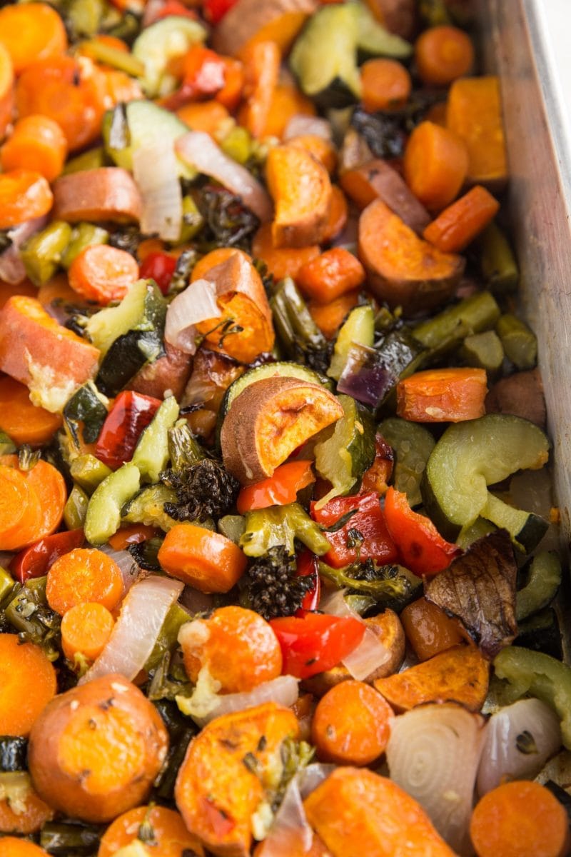 Big batch of roasted veggies in a large roasting pan or casserole dish