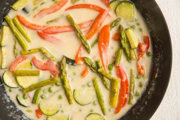 Pasta primavera sauce in a skillet