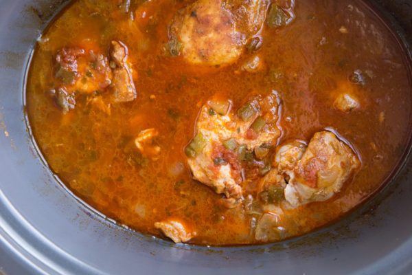 Finished chicken in the crock pot, ready to be shredded