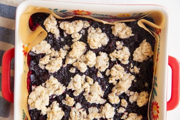 Finished blackberry oat crumb bars fresh out of the oven.