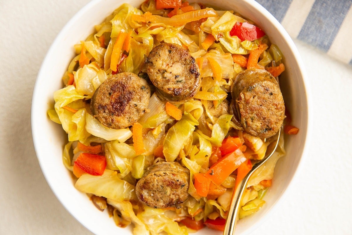 bowl of sausage and cabbage
