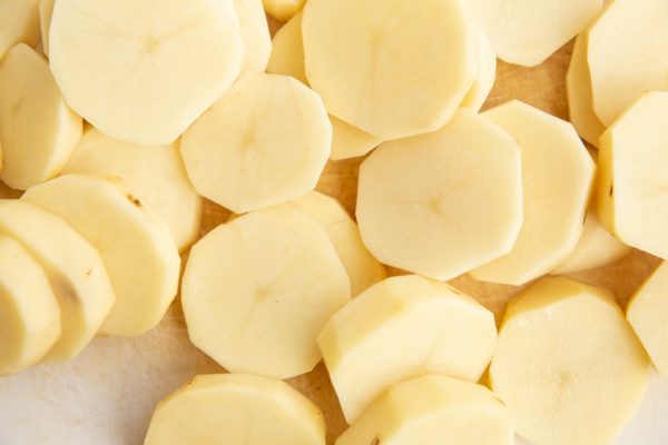 Peeled and chopped potatoes for potato salad