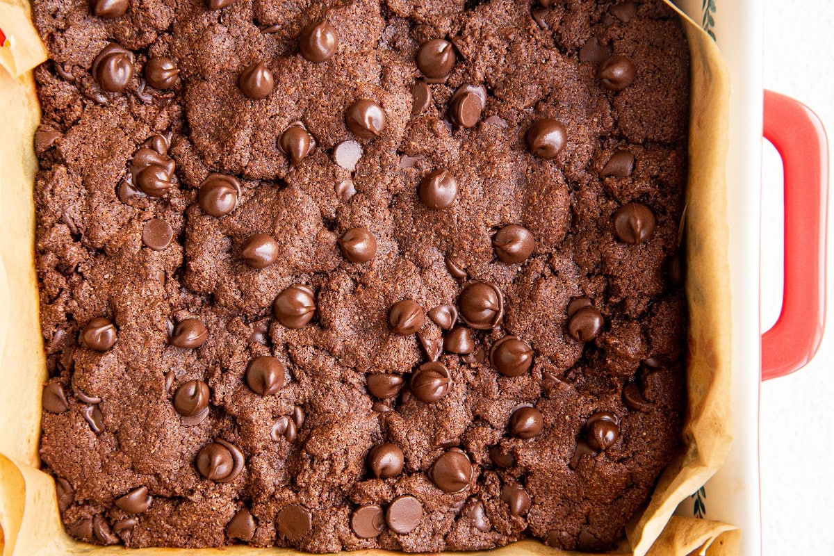 square baking pan with brownies fresh out of the oven