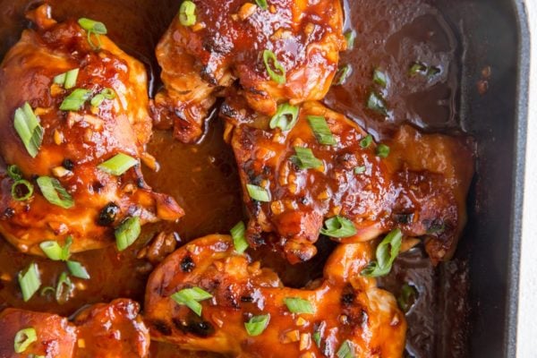 Finished Hawaiian BBQ Chicken in a casserole dish.