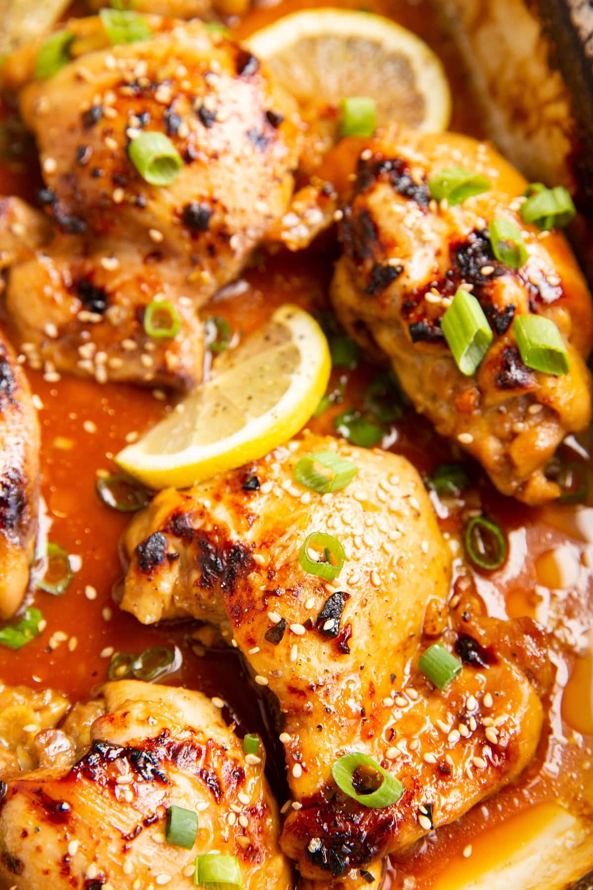 Honey Lemon Garlic Baked Chicken Thighs in a casserole dish