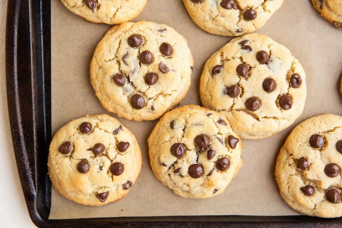 Horizontal cookie sheet of chocolate chip cookies