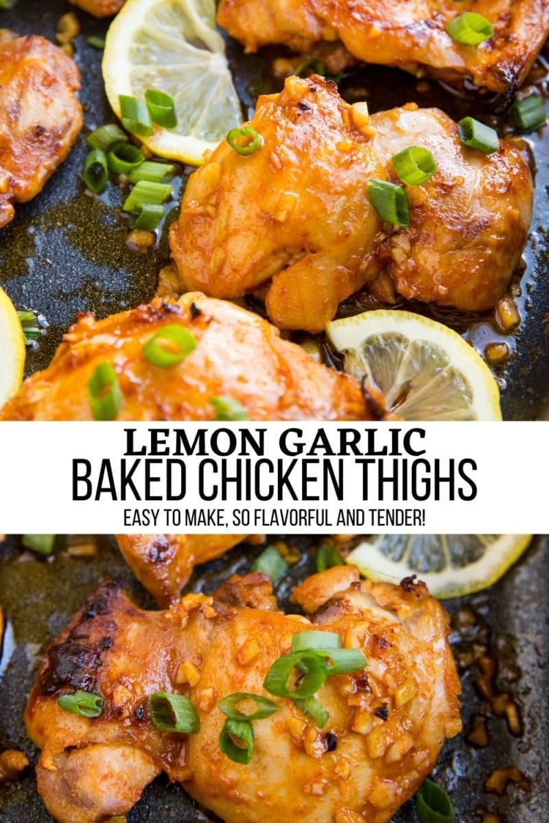 collage for lemon garlic baked chicken thighs