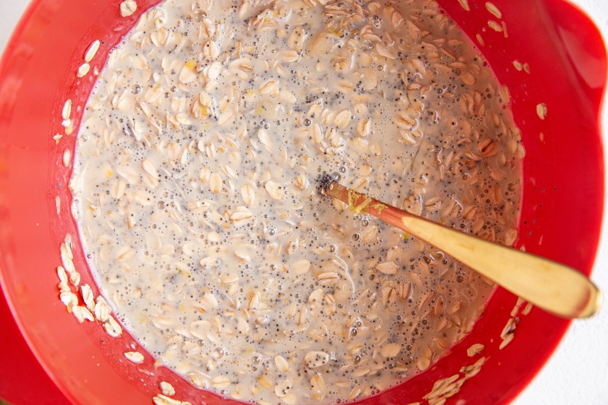 Baked Oatmeal mixture in a mixing bowl