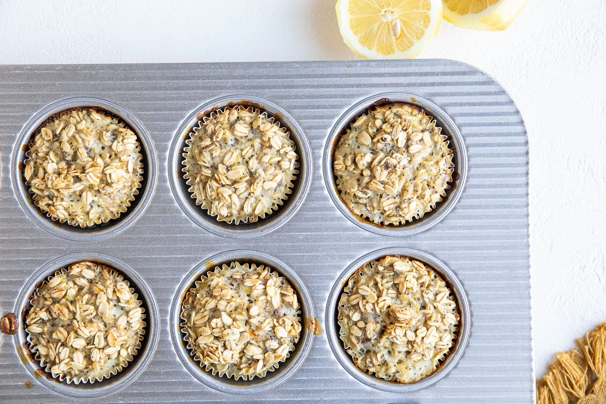 Lemon poppy seed oatmeal muffins in a muffin tray