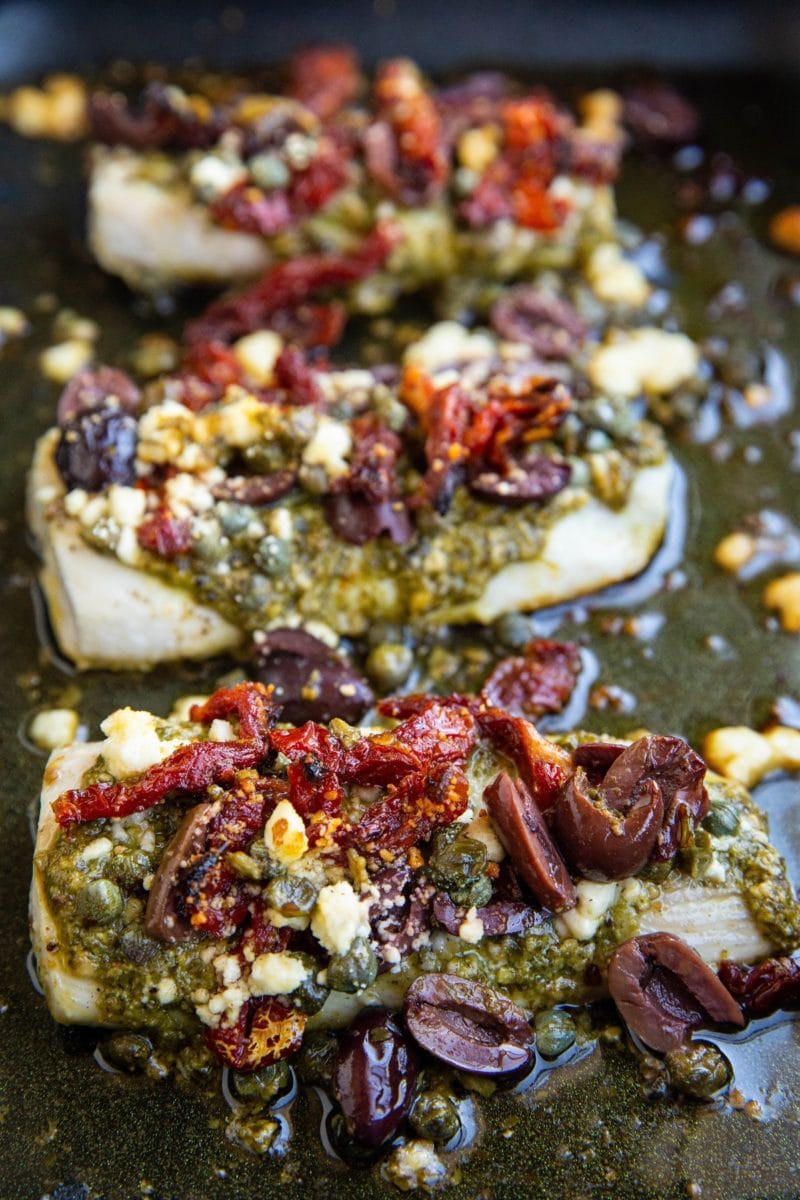 close up shot of Mediterranean cod recipe in a casserole dish.