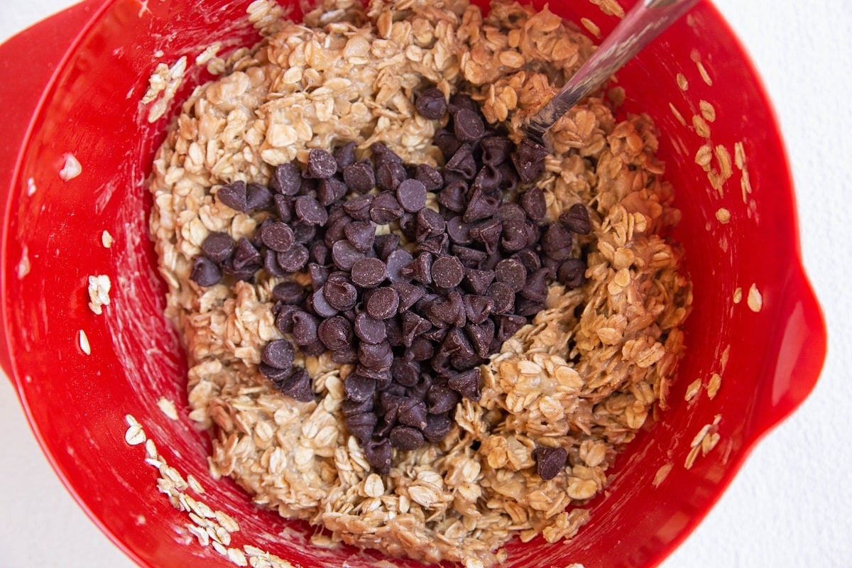 no-bake cookie batter in a mixing bowl