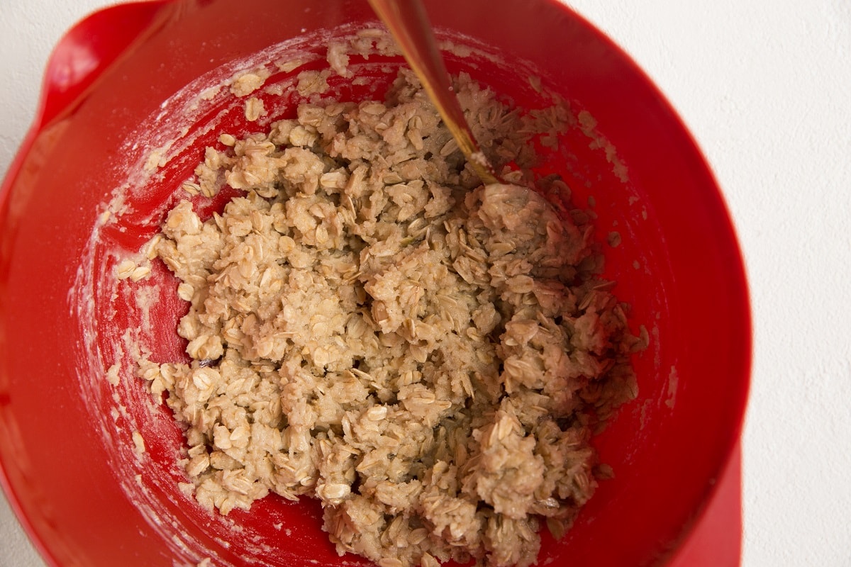 Crust and topping mixture for strawberry crumb bars in a mixing bowl