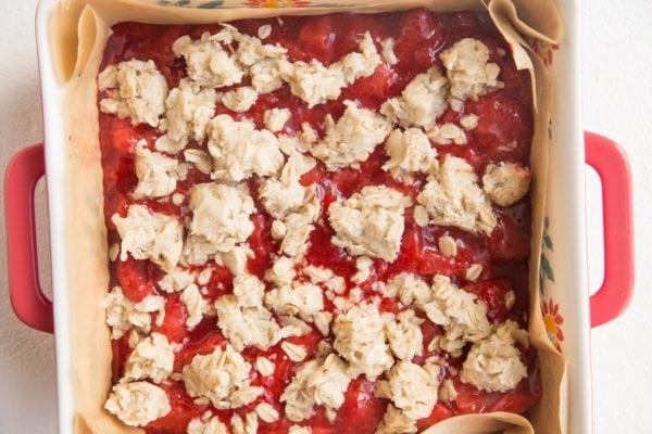 Strawberry crumb bars ready to go into the oven