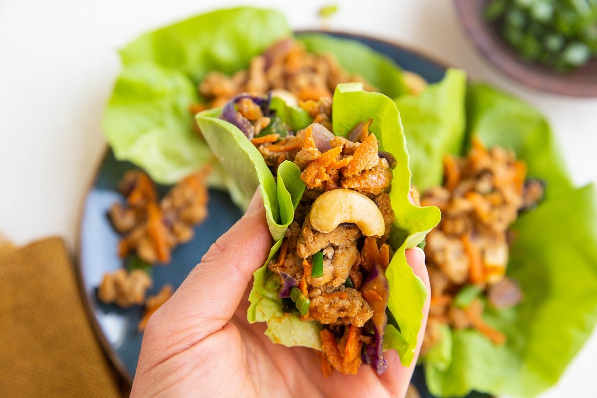 Hand holding a lettuce wrap