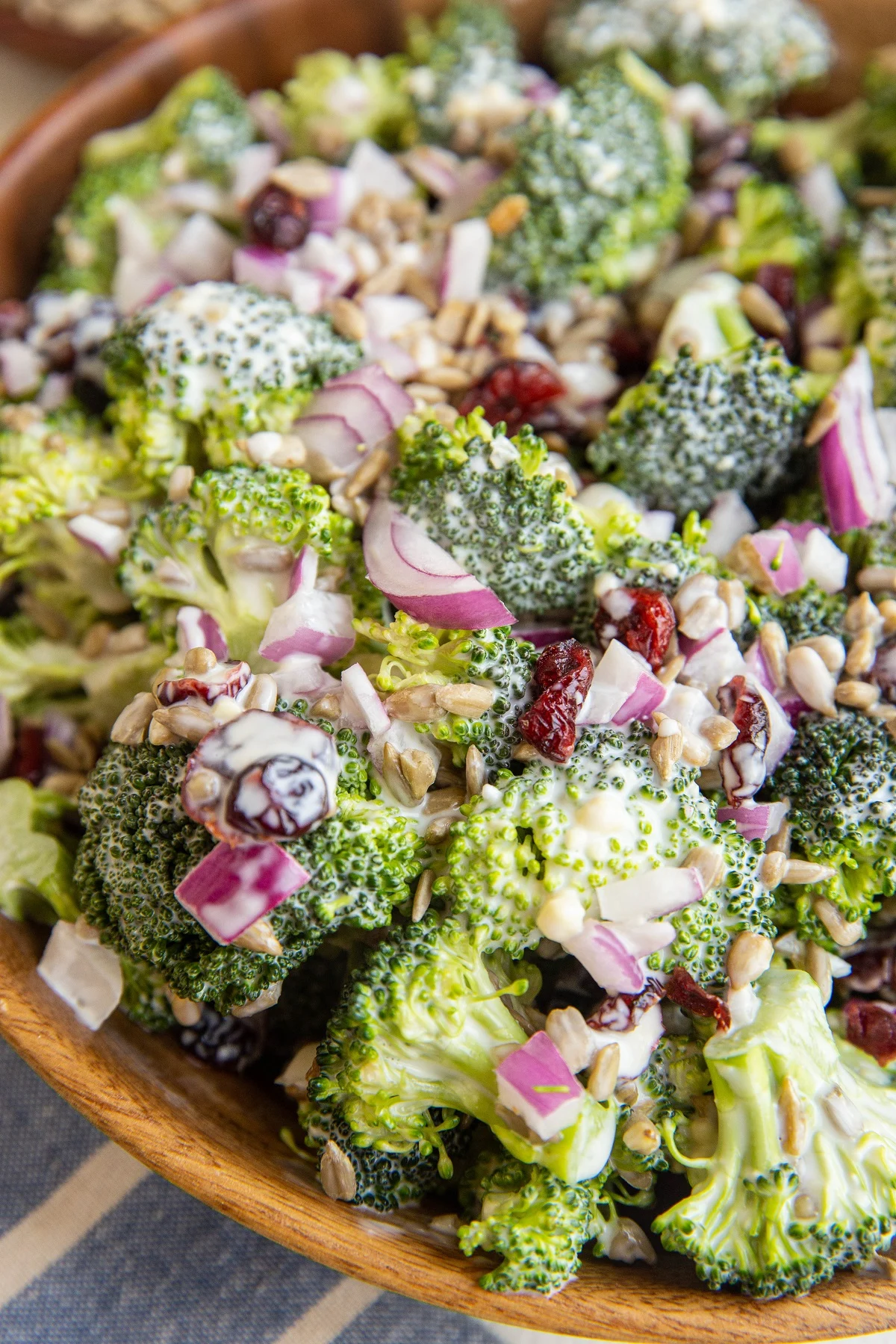 close up broccoli salad photo in a wooden bowl with dried cranberries