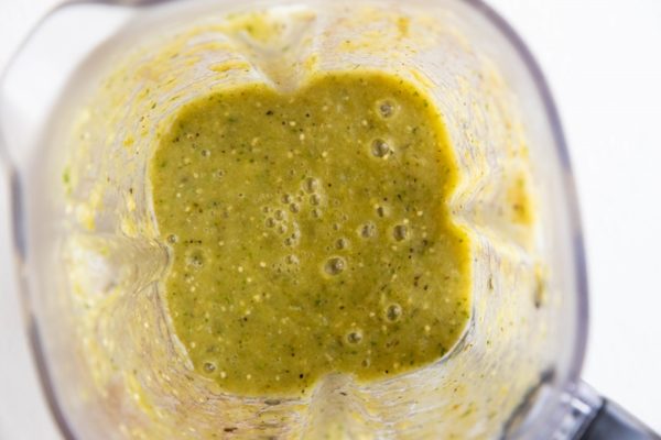 Green tomatillo salsa blended in a blender