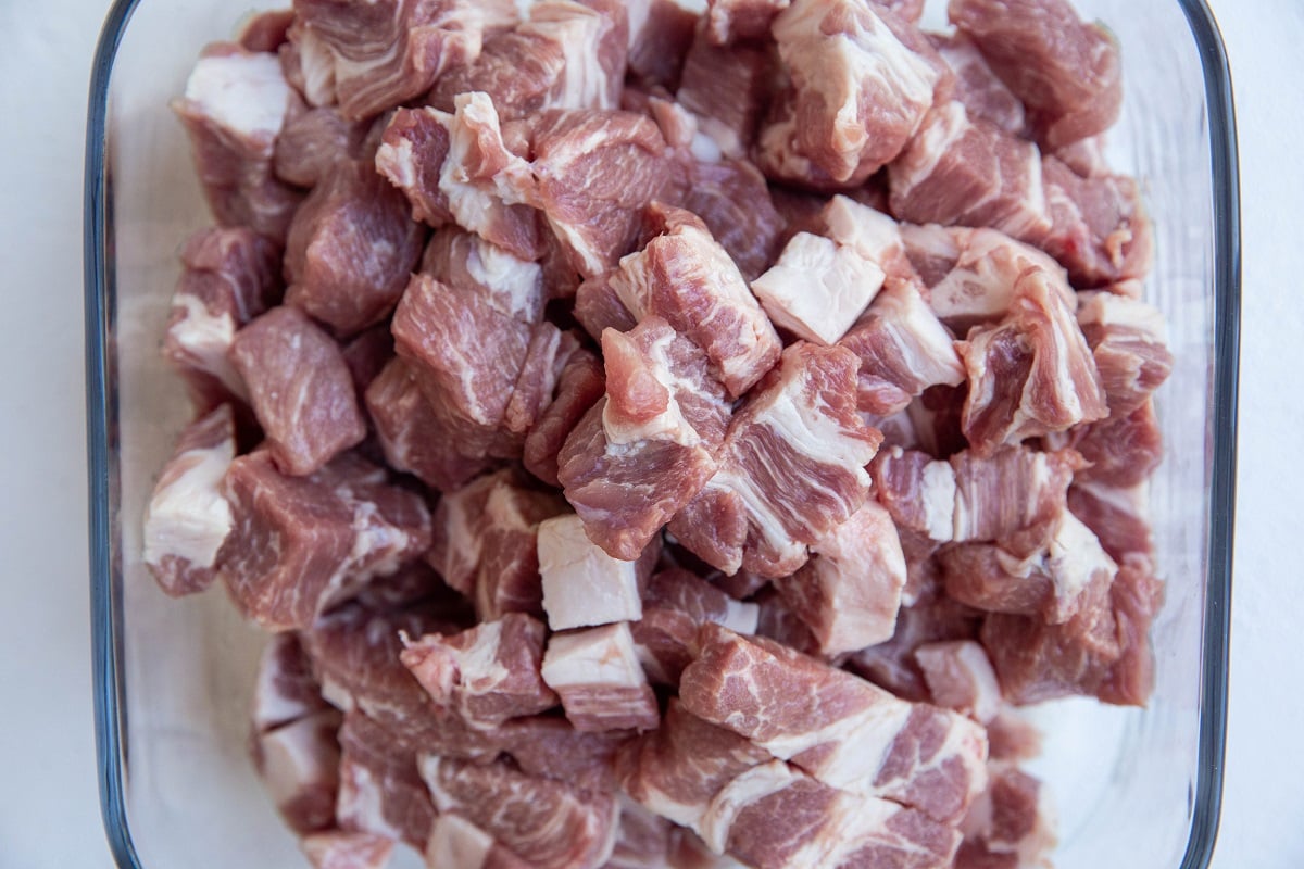 Chopped pork in a glass container