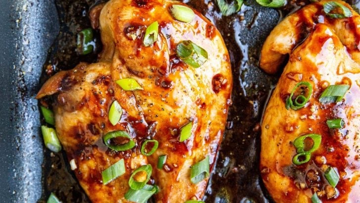 Asian chicken breasts in a casserole dish