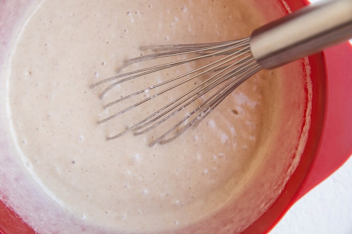 Belgian waffle batter in a mixing bowl