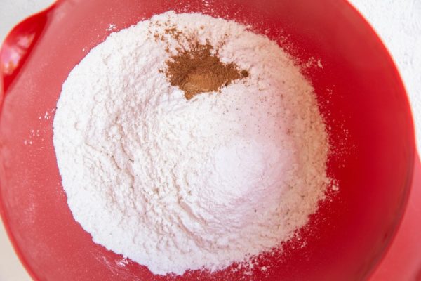 mixing bowl with dry belgian waffle ingredients