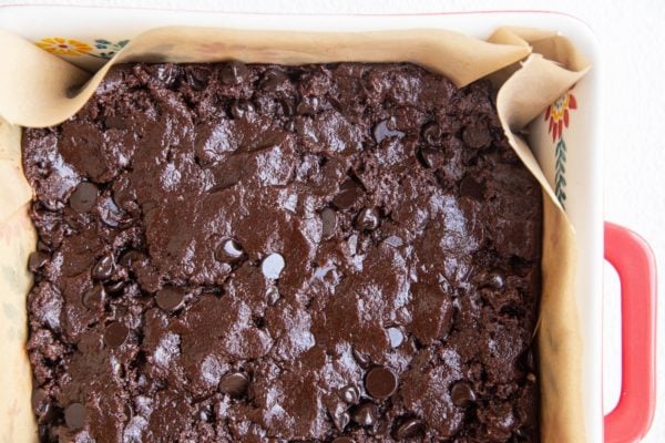 Brownie batter in a baking dish