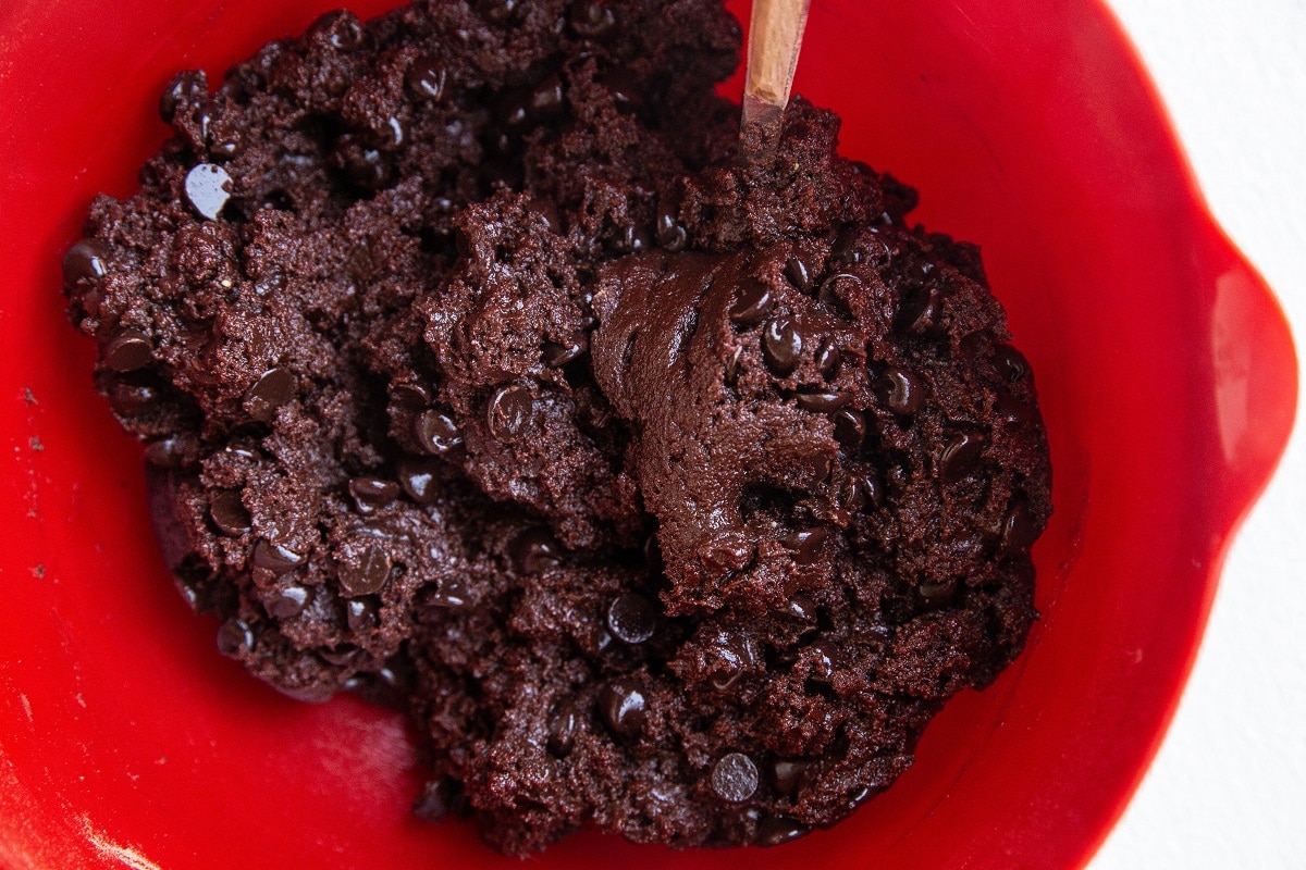 Fudge brownie batter in a mixing bowl.