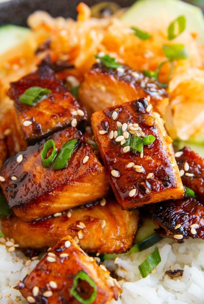 Close up image of crispy salmon fresh out of the skillet