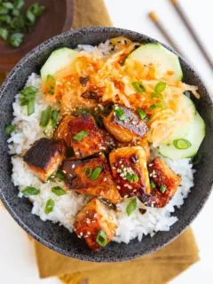 Cooked salmon in a bowl with white rice, sauerkraut and cucumber salad