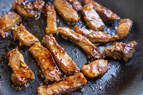 Seared beef in a skillet