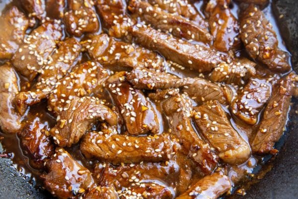 Saucy Bulgogi beef in a skillet