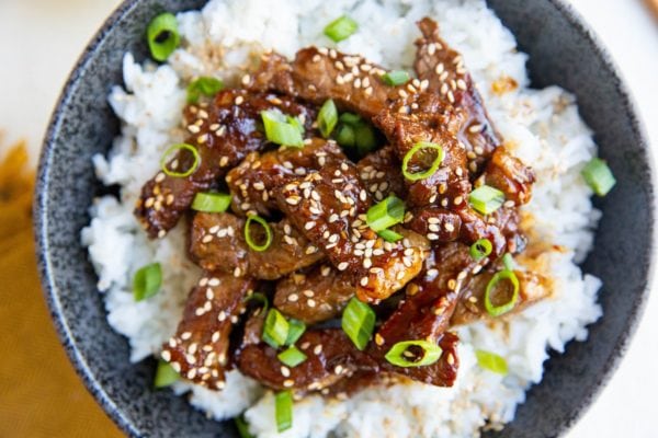 horizontal image of bowl of bulgogi beef