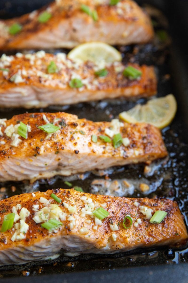 casserole dish of baked salmon