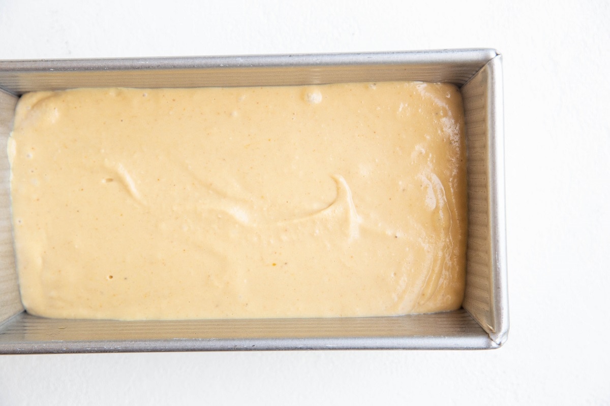 Chickpea ice cream base in a loaf pan, ready to freeze