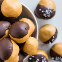 top down photo of bowl of protein balls