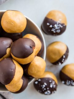 top down photo of bowl of protein balls