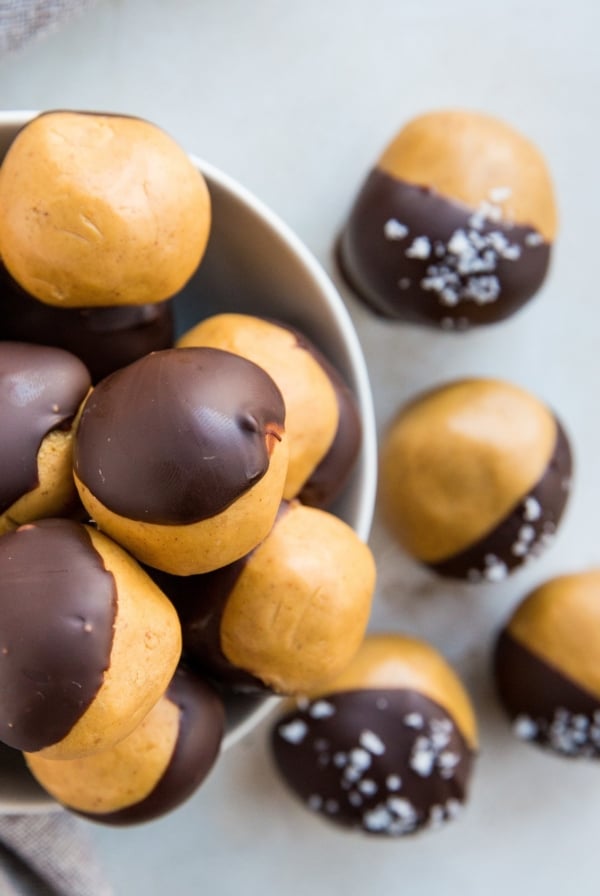 top down photo of bowl of protein balls