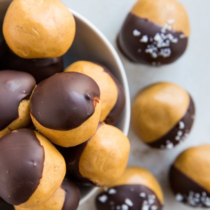 top down photo of bowl of protein balls