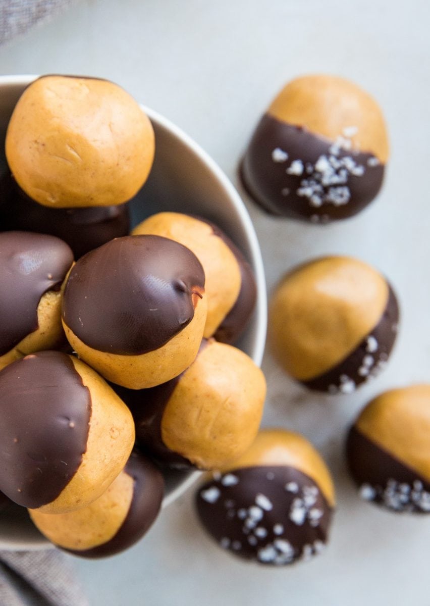 top down photo of bowl of protein balls