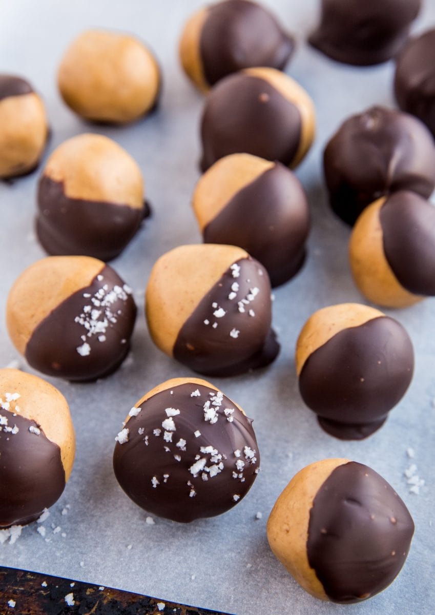 No-Bake peanut butter balls on a baking sheet